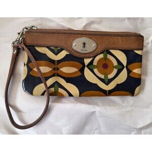 Fossil Key-Per Flower Floral Coated Canvas Leather Wristlet Wallet Y2K 90's 80's